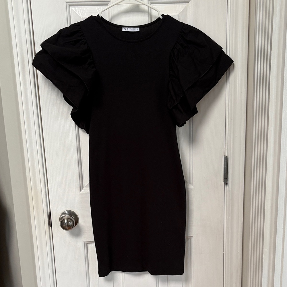 Zara Black Mini Dress with Ruffle Sleeves